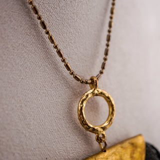 Vintage Long Fringe Pendant Necklace with Hammered Goldtone Accents (33–36”)