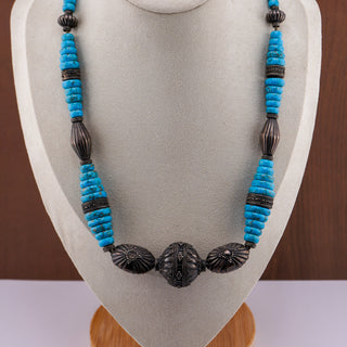 Antique Graduated Turquoise Necklace with Ornate Silver-Tone Beads (25”, 96g)