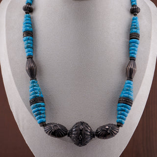 Antique Graduated Turquoise Necklace with Ornate Silver-Tone Beads (25”, 96g)
