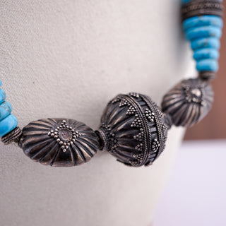 Antique Graduated Turquoise Necklace with Ornate Silver-Tone Beads (25”, 96g)