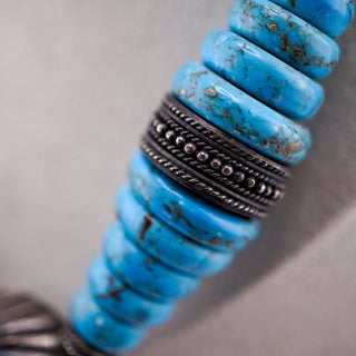 Antique Graduated Turquoise Necklace with Ornate Silver-Tone Beads (25”, 96g)