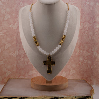Vintage Milky Quartz Necklace with Hammered Goldtone Cross Pendant (36”)