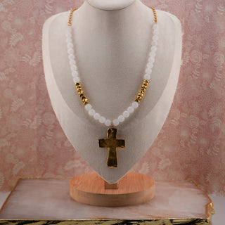 Vintage Milky Quartz Necklace with Hammered Goldtone Symbol Pendant - 36”