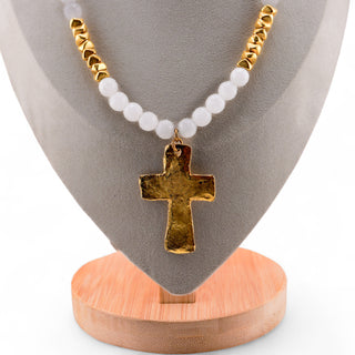 Vintage Milky Quartz Necklace with Hammered Goldtone Symbol Pendant - 36”