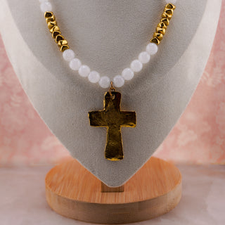 Vintage Milky Quartz Necklace with Hammered Goldtone Cross Pendant (36”)