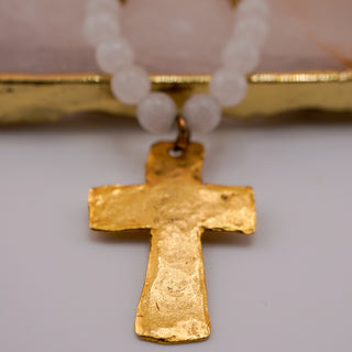 Vintage Milky Quartz Necklace with Hammered Goldtone Cross Pendant (36”)