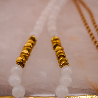 Vintage Milky Quartz Necklace with Hammered Goldtone Cross Pendant (36”)