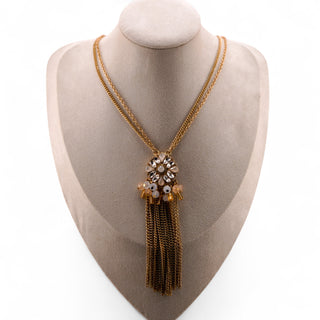 Vintage AA Marked Goldtone Floral Tassel Necklace with Crystal Accents