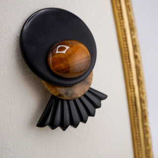 Signed Wendy Gell Geometric Onyx Tiger’s Eye Agate Statement Brooch