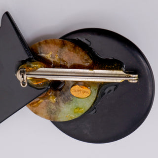 Signed Wendy Gell Geometric Onyx Tiger’s Eye Agate Statement Brooch