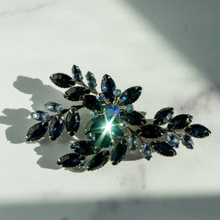 Vintage Dark Sapphire Blue Aurora Borealis Rhinestone Silvertone Brooch Pin by Reserved Grace