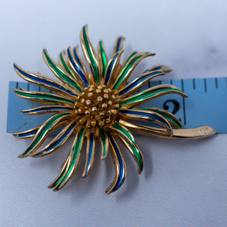 Boucher 1960s Gold Tone Blue Green Zinnia Enamel Pin 8731