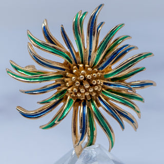Boucher 1960s Gold Tone Blue Green Zinnia Enamel Pin 8731
