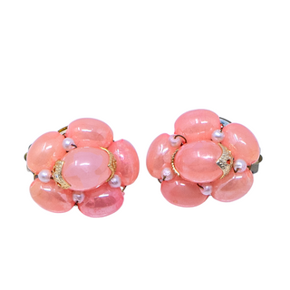 Round Pink Vintage Beaded Button Clip On Earrings Made in Hong Kong