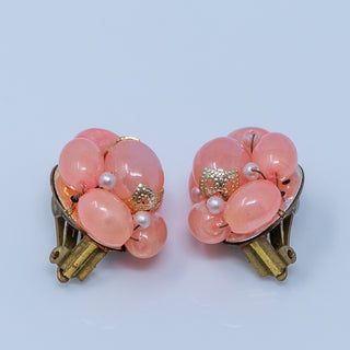 Round Pink Vintage Beaded Button Clip On Earrings Made in Hong Kong