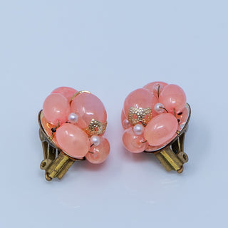 Round Pink Vintage Beaded Button Clip On Earrings Made in Hong Kong