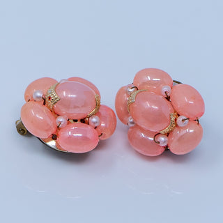 Round Pink Vintage Beaded Button Clip On Earrings Made in Hong Kong