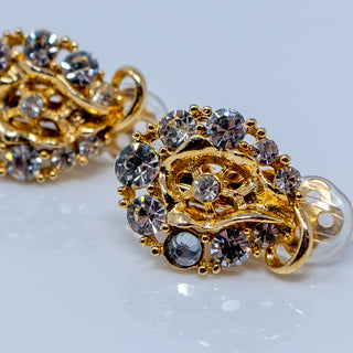 Rhinestone and Fancy Gold Tone Vintage Clip On Earrings