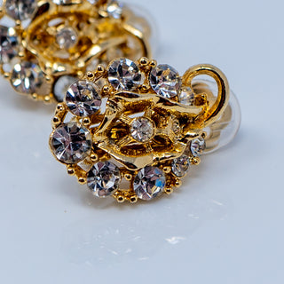 Rhinestone and Fancy Gold Tone Vintage Clip On Earrings