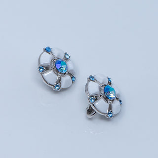 Rare Vintage Crown Trifari Round Milk Glass Blue AB Earrings