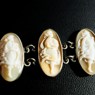 Antique Victorian Silver Shell Cameo Panel Bracelet