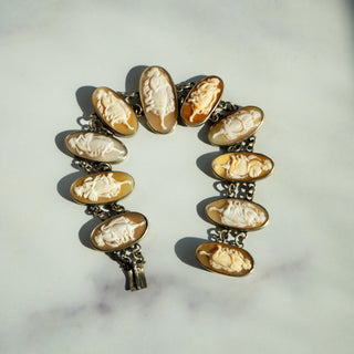 Antique Victorian Silver Shell Cameo Panel Bracelet