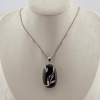 Vintage Gleaming Onyx Sterling Silver Botanical Vine Pendant Necklace - 18" by Reserved Grace