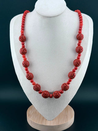 Reserved Grace Vintage Chinese Export Carved Cinnabar on Natural Red Coral Strand Necklace - Necklaces