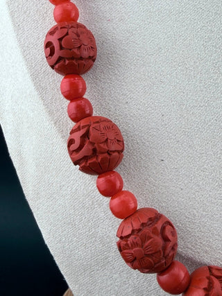 Reserved Grace Vintage Chinese Export Carved Cinnabar on Natural Red Coral Strand Necklace - Necklaces