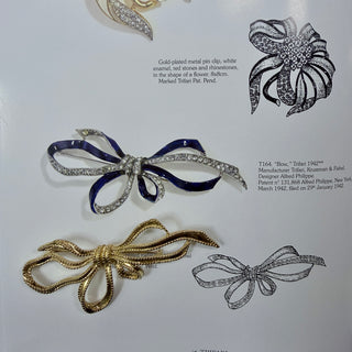 Gold and silver bow-shaped jewelry pieces with descriptive text on a light gray background.