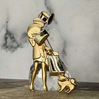 Vintage AJC Gold Tone Brooch Pin Featuring Shopping Girl and Dog by Reserved Grace
