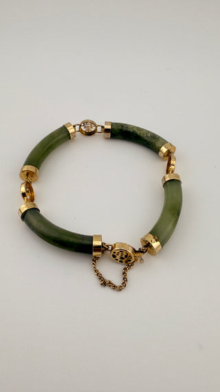 Vintage Bracelet of Four Green SERPENTINE Stone Links, 7.25”