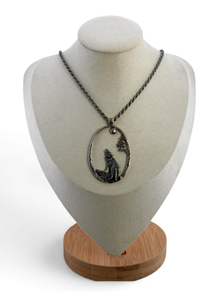 Wolf Howling at the Moon Sterling Silver Pendant Necklace - Signed 1988 - 24"