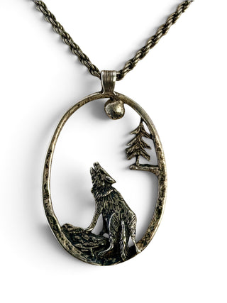 Wolf Howling at the Moon Sterling Silver Pendant Necklace - Signed 1988 - 24"