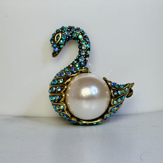 Vintage Heidi Daus Signed Swarovski Crystal and Faux Pearl Swan Pin