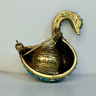 Vintage Heidi Daus Signed Swarovski Crystal and Faux Pearl Swan Pin