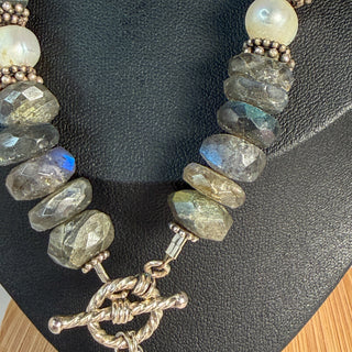 Artisan Labradorite and Pearl Charm Necklace with Pearl and Cross Drop