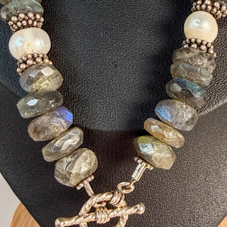 Artisan Labradorite and Pearl Charm Necklace with Pearl and Cross Drop