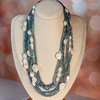 Triple-Strand Faceted Crystal and Coin Pearl Statement Necklace - 40"