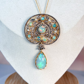 Gold Vermeil Diamond and Ethiopian Opal Filigree Pendant Necklace