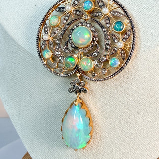 Gold Vermeil Diamond and Ethiopian Opal Filigree Pendant Necklace