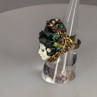 Rare Vintage Geisha Mask Ring with Rhinestones