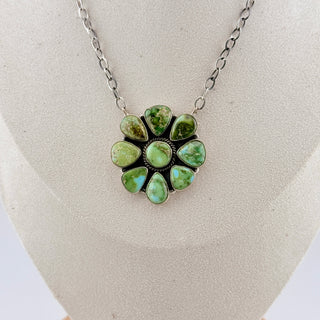 Sterling Green Turquoise Cluster Flower Pendant Necklace