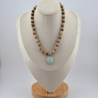 Jasper and Prehnite Beaded Necklace with Aqua Gem Drop
