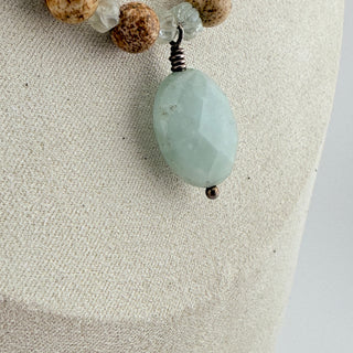 Jasper and Prehnite Beaded Necklace with Aqua Gem Drop