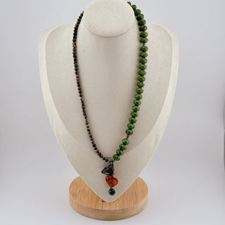 Buddha Charm Necklace with Green Gem Beads and Amber Heart