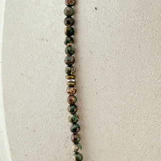 Buddha Charm Necklace with Green Gem Beads and Amber Heart