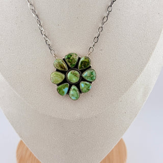 Sterling Green Turquoise Cluster Flower Pendant Necklace