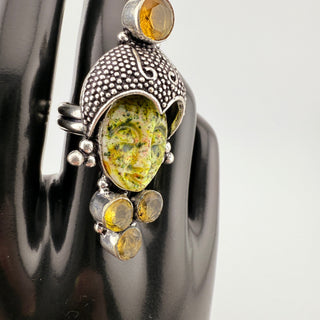 Temple Guardian Ring in Sterling with Carved Face and Citrine Accents