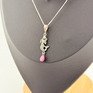 Sterling Silver Mermaid Pendant Necklace with Natural Ruby Drop 18 Inch Chain